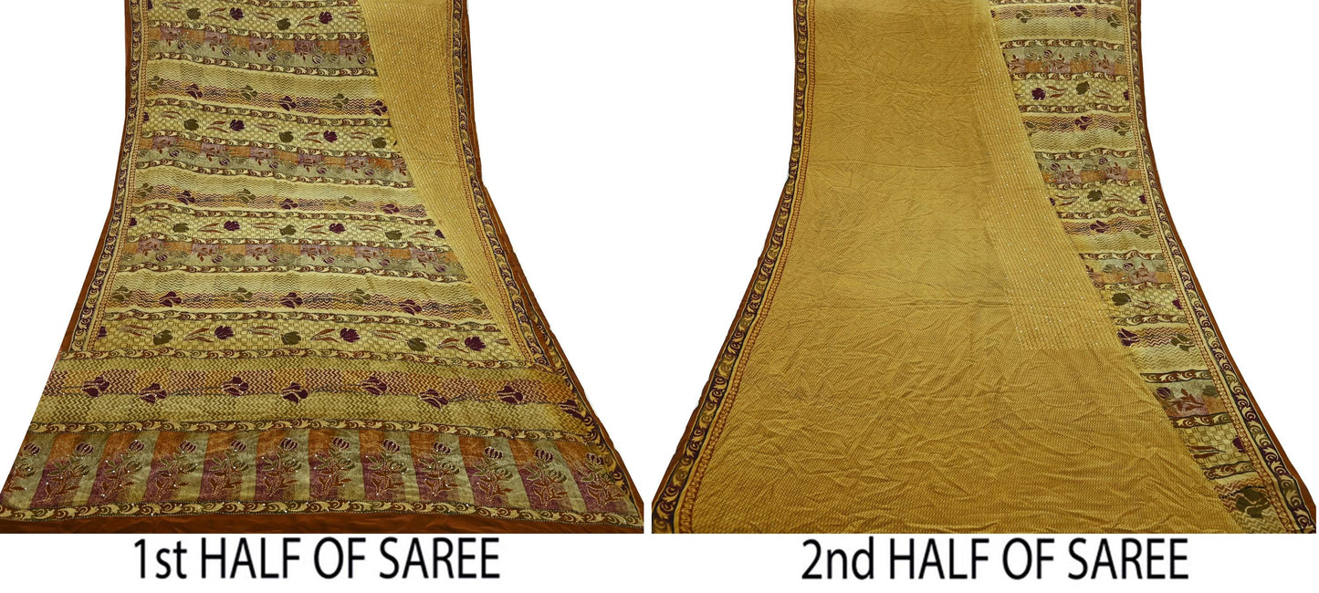 Indian Vintage Sari Beige & Brown Pure Crepe Silk Hand Embroidered Kantha Saree Craft Fabric 5yd Sewing Floral Soft Dress making Crafting