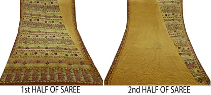 Indian Vintage Sari Beige & Brown Pure Crepe Silk Hand Embroidered Kantha Saree Craft Fabric 5yd Sewing Floral Soft Dress making Crafting