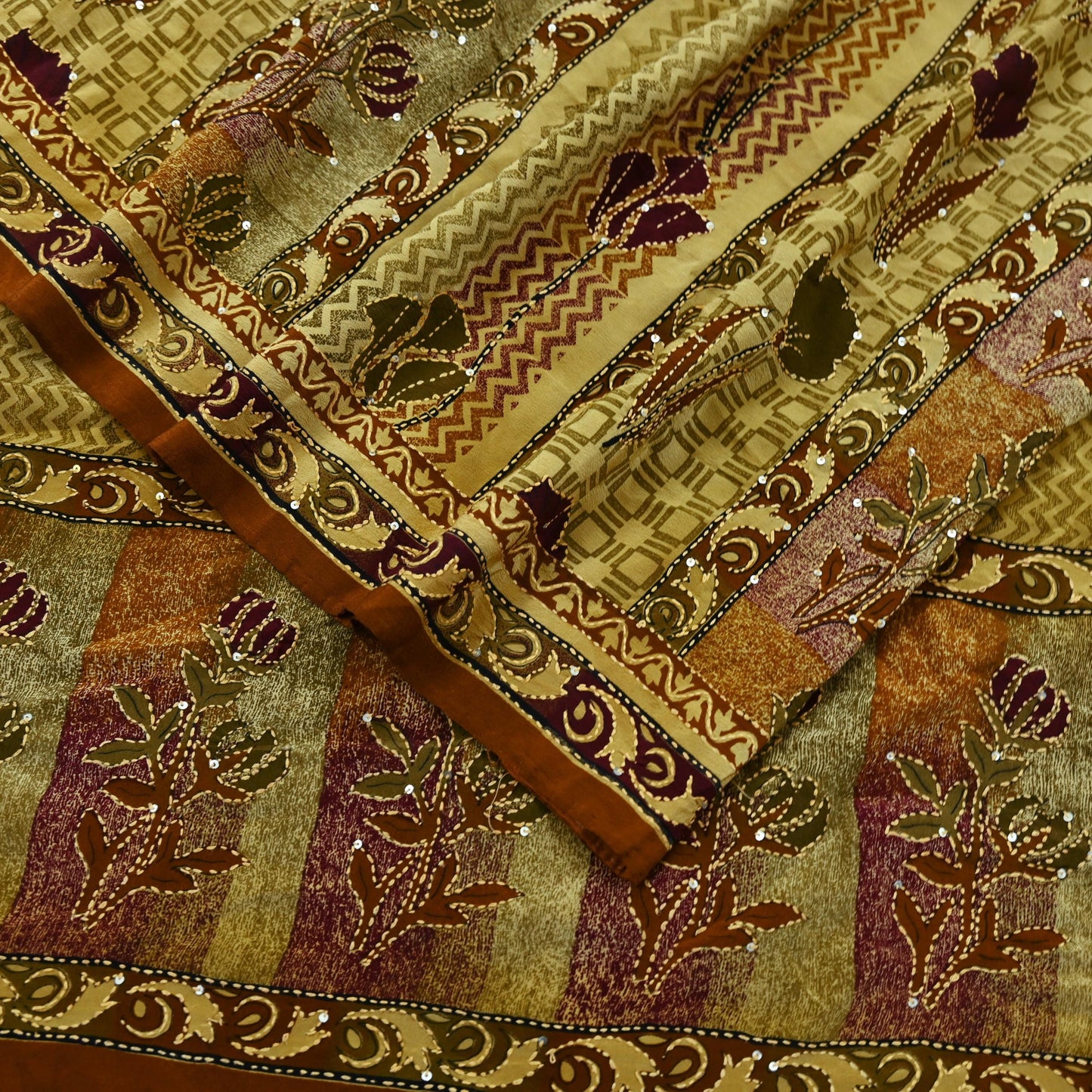Indian Vintage Sari Beige & Brown Pure Crepe Silk Hand Embroidered Kantha Saree Craft Fabric 5yd Sewing Floral Soft Dress making Crafting