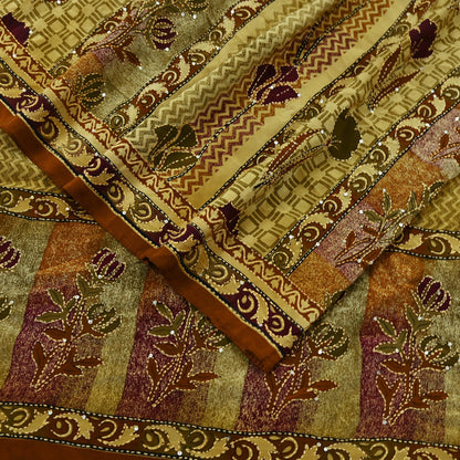 Indian Vintage Sari Beige & Brown Pure Crepe Silk Hand Embroidered Kantha Saree Craft Fabric 5yd Sewing Floral Soft Dress making Crafting