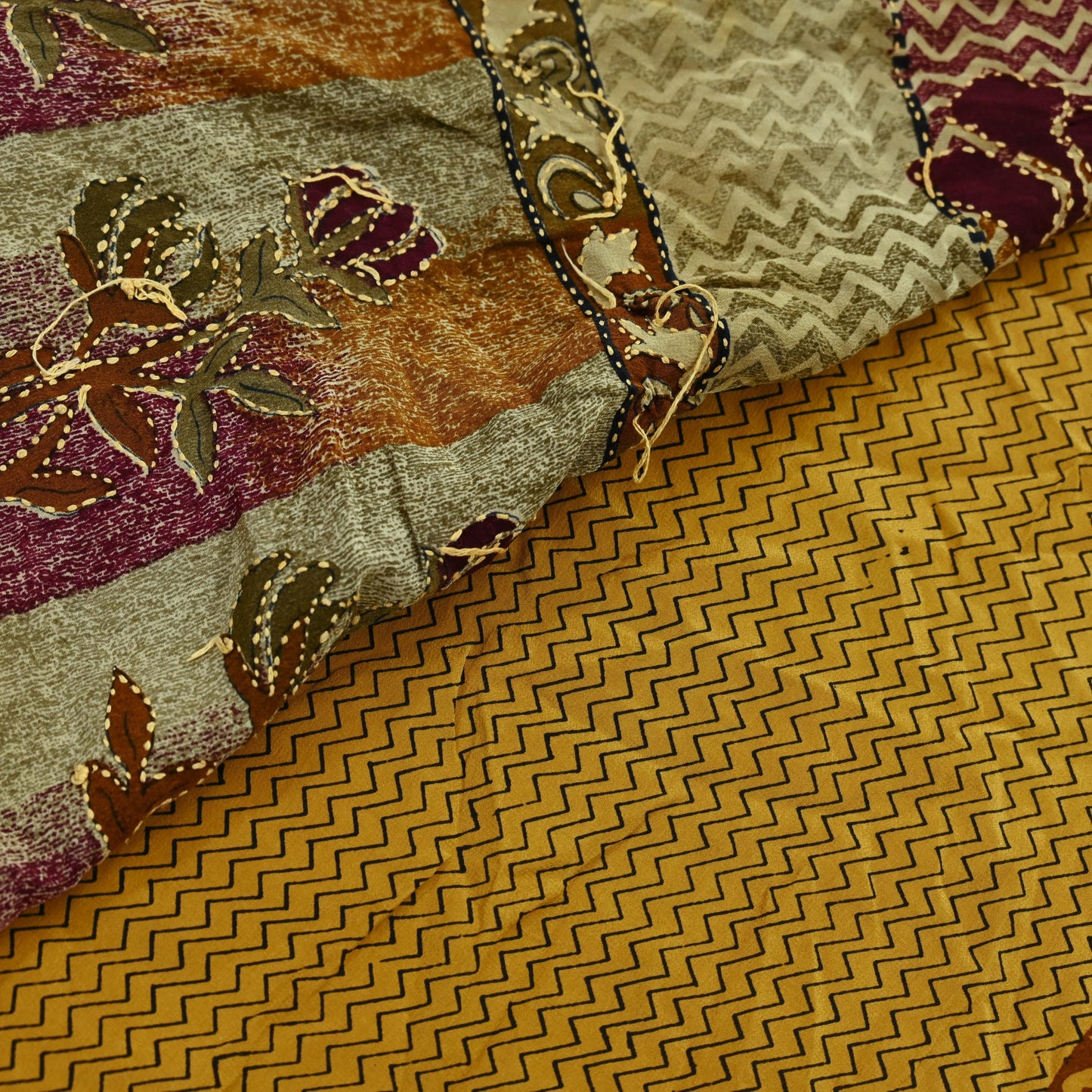 Indian Vintage Sari Beige & Brown Pure Crepe Silk Hand Embroidered Kantha Saree Craft Fabric 5yd Sewing Floral Soft Dress making Crafting