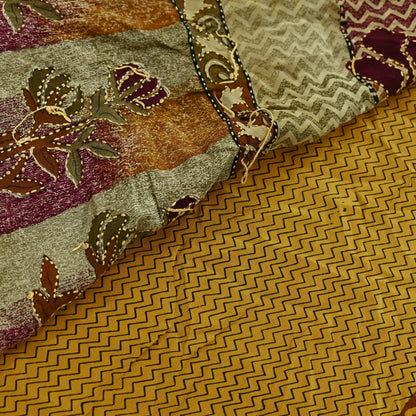 Indian Vintage Sari Beige & Brown Pure Crepe Silk Hand Embroidered Kantha Saree Craft Fabric 5yd Sewing Floral Soft Dress making Crafting
