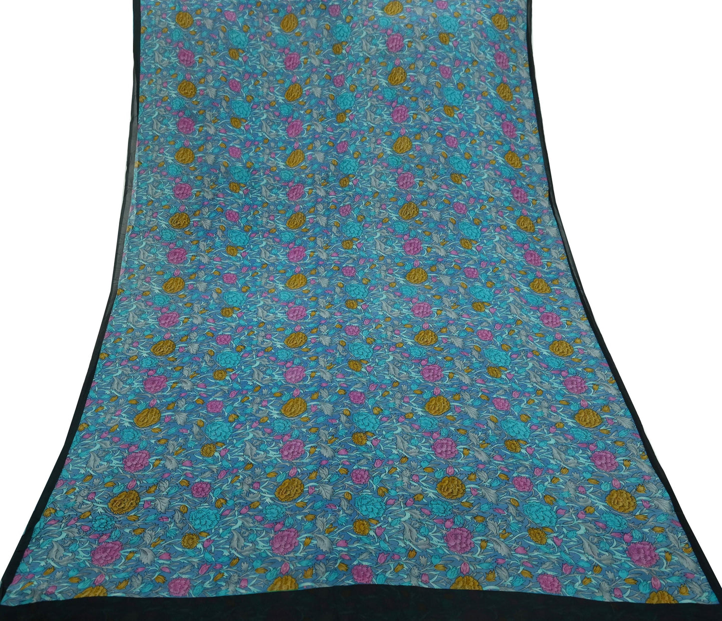 Women Indian Vintage Sari Blue Pure Georgette Silk Printed Sarees Craft Fabric Sewing 5Yd Soft Dress Making Quilting Crafting