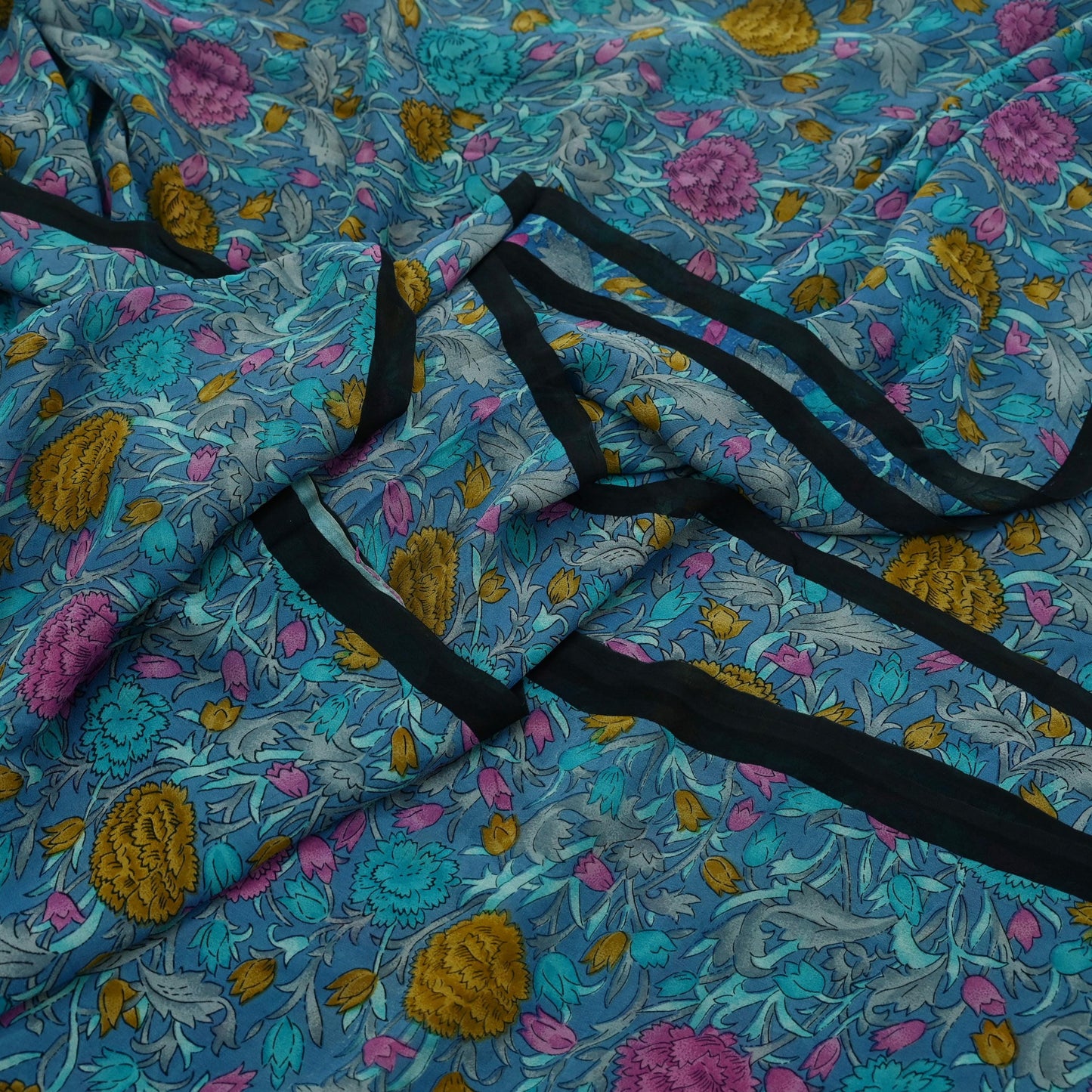 Women Indian Vintage Sari Blue Pure Georgette Silk Printed Sarees Craft Fabric Sewing 5Yd Soft Dress Making Quilting Crafting