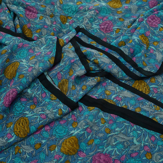 Women Indian Vintage Sari Blue Pure Georgette Silk Printed Sarees Craft Fabric Sewing 5Yd Soft Dress Making Quilting Crafting
