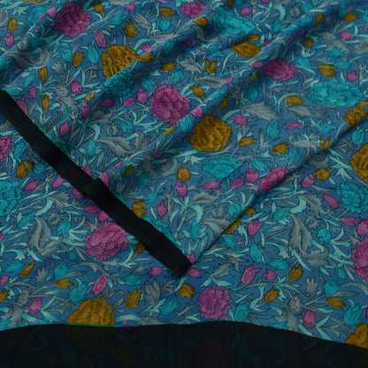 Women Indian Vintage Sari Blue Pure Georgette Silk Printed Sarees Craft Fabric Sewing 5Yd Soft Dress Making Quilting Crafting