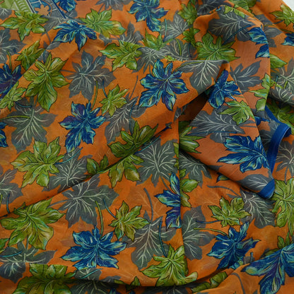 Indian Vintage Sari Orange & Green Pure Chiffon Silk Printed Sarees Craft Fabric Sewing 5Yd Soft Light Sari Dress Making