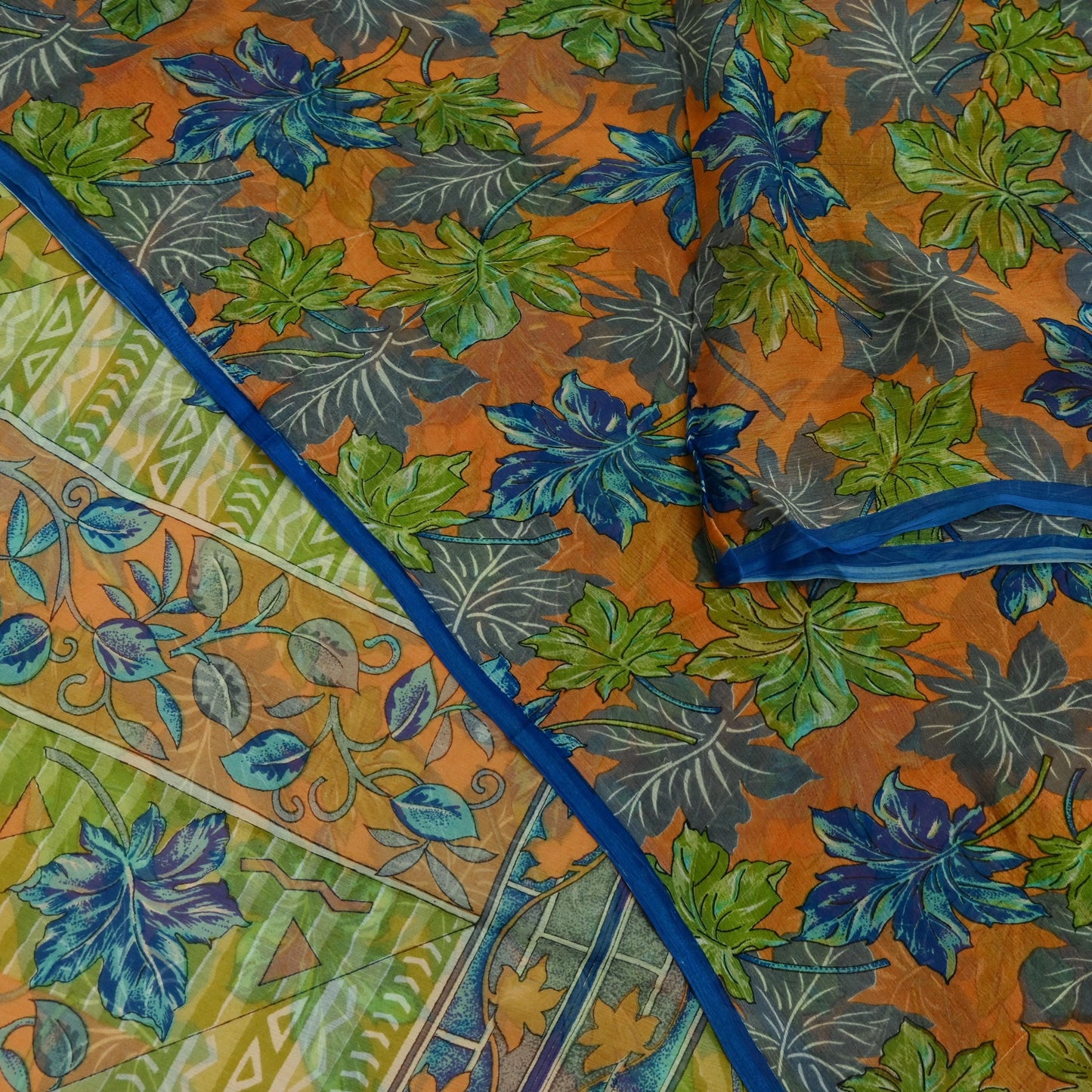 Indian Vintage Sari Orange & Green Pure Chiffon Silk Printed Sarees Craft Fabric Sewing 5Yd Soft Light Sari Dress Making