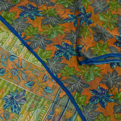 Indian Vintage Sari Orange & Green Pure Chiffon Silk Printed Sarees Craft Fabric Sewing 5Yd Soft Light Sari Dress Making