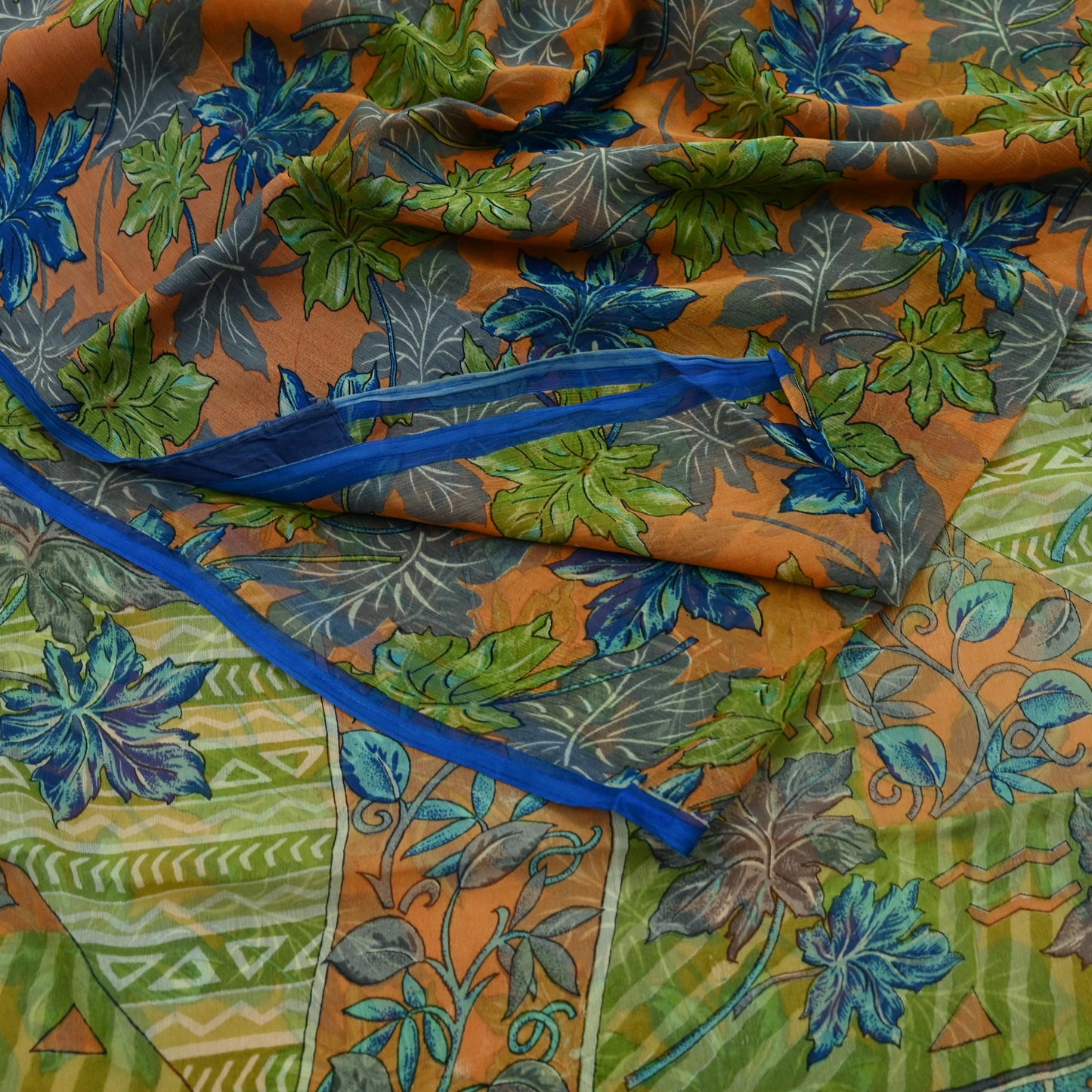 Indian Vintage Sari Orange & Green Pure Chiffon Silk Printed Sarees Craft Fabric Sewing 5Yd Soft Light Sari Dress Making