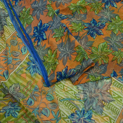 Indian Vintage Sari Orange & Green Pure Chiffon Silk Printed Sarees Craft Fabric Sewing 5Yd Soft Light Sari Dress Making