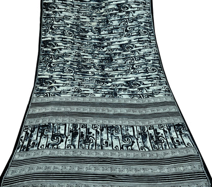 Indian Vintage Sari Black & White Printed Pure Cotton Sarees Craft Fabric 5Yd Sewing Soft Sarong Wrap Boho Paisley Quilting Crafting