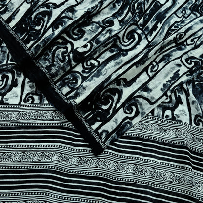 Indian Vintage Sari Black & White Printed Pure Cotton Sarees Craft Fabric 5Yd Sewing Soft Sarong Wrap Boho Paisley Quilting Crafting