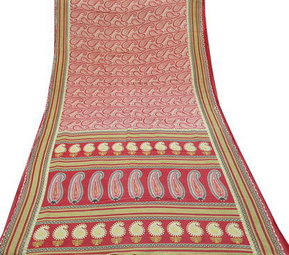 Indian Vintage Sari Ivory & Pink Printed Blend Cotton Saree Craft Fabric 5Yd Soft Sewing Sarong Wrap Boho Floral Dress making Crafting