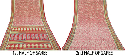 Indian Vintage Sari Ivory & Pink Printed Blend Cotton Saree Craft Fabric 5Yd Soft Sewing Sarong Wrap Boho Floral Dress making Crafting