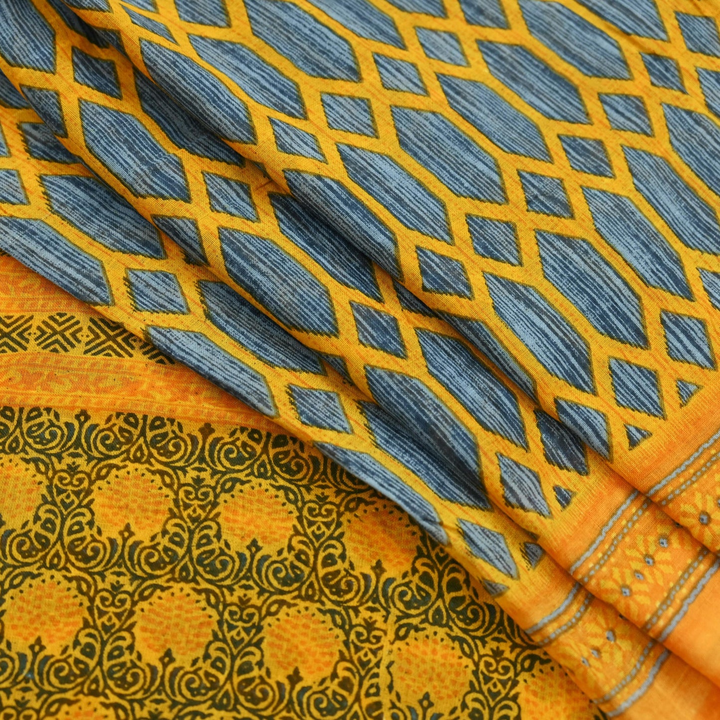 Indian Vintage Gray & Yellow Saree Printed Pure Cotton Sari Craft Fabric 5Yd Soft Sewing Sarong Wrap Boho Floral Dress making Crafting