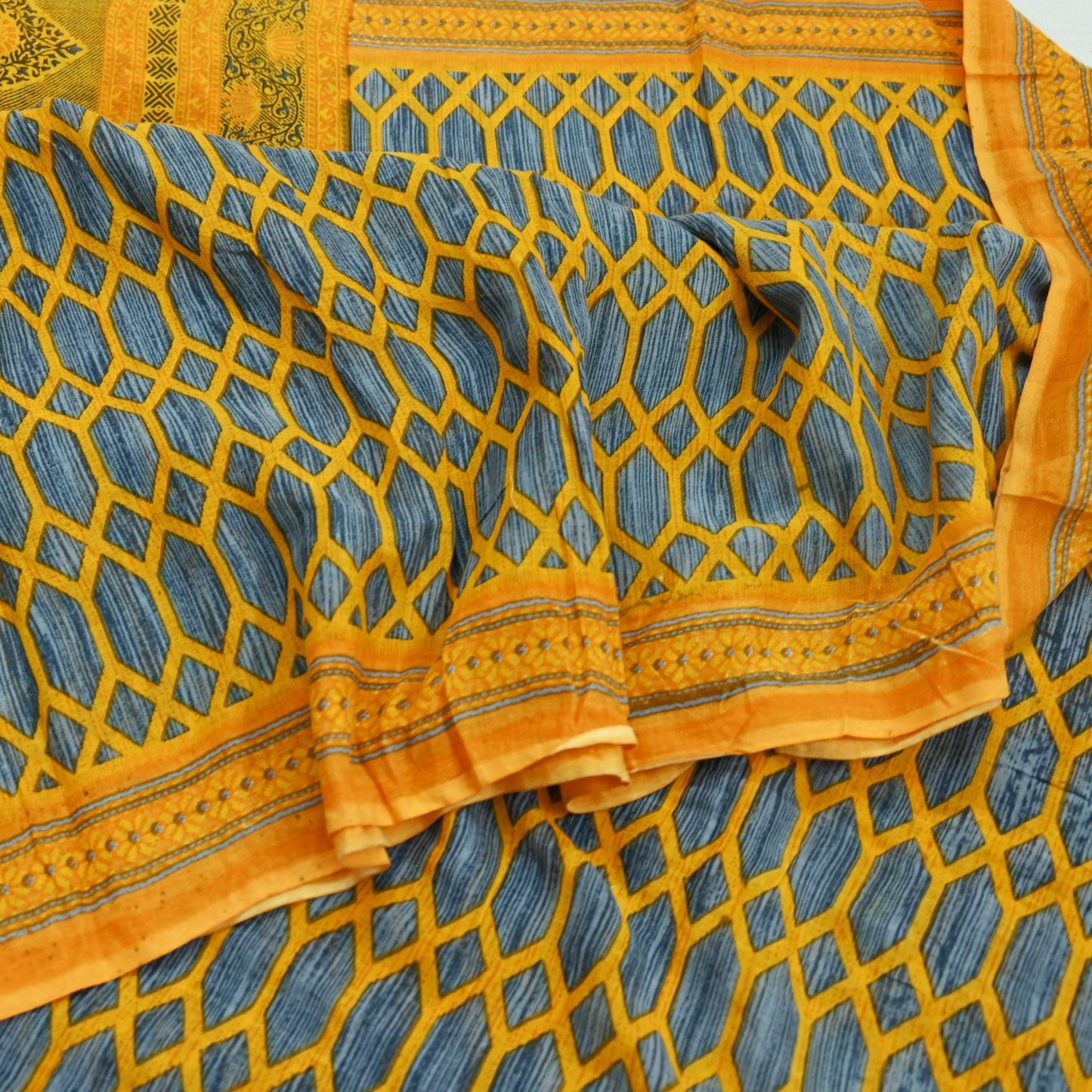 Indian Vintage Gray & Yellow Saree Printed Pure Cotton Sari Craft Fabric 5Yd Soft Sewing Sarong Wrap Boho Floral Dress making Crafting