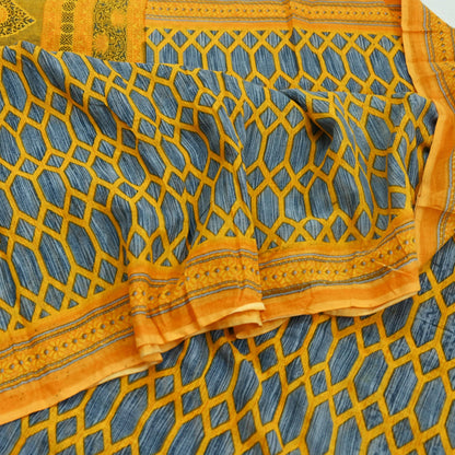 Indian Vintage Gray & Yellow Saree Printed Pure Cotton Sari Craft Fabric 5Yd Soft Sewing Sarong Wrap Boho Floral Dress making Crafting