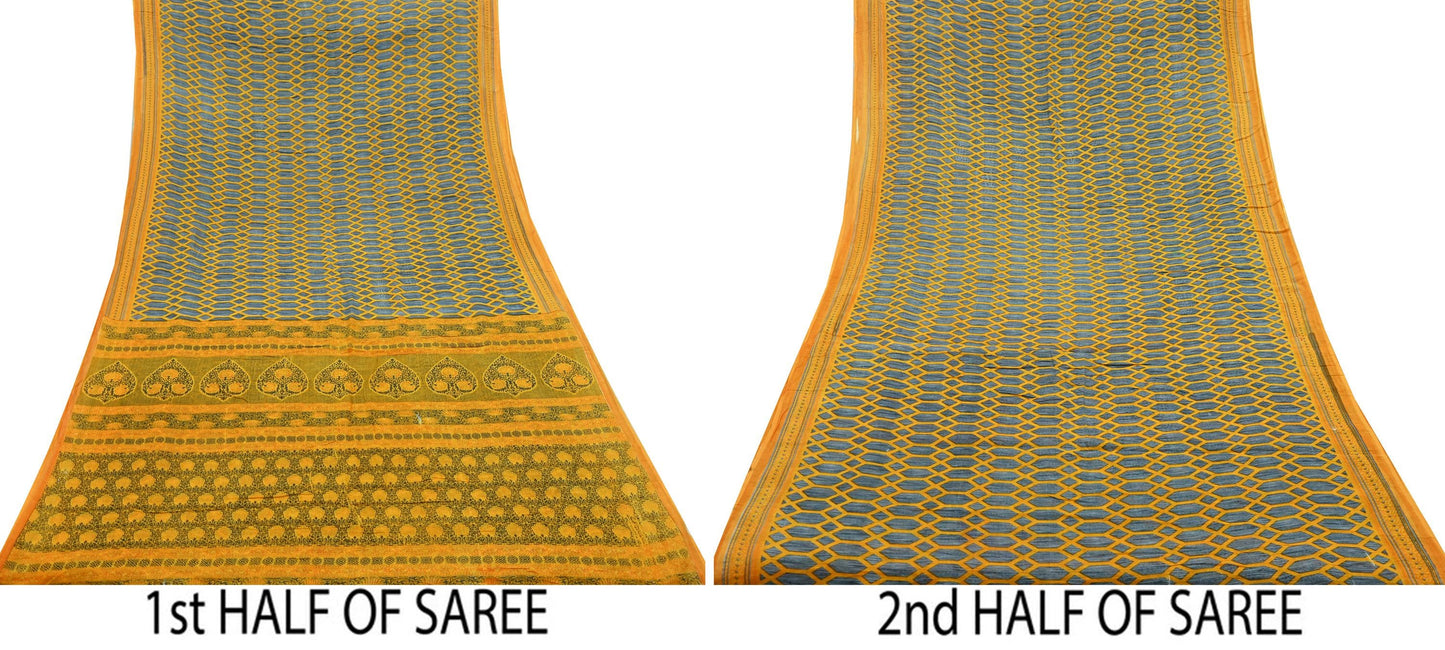 Indian Vintage Gray & Yellow Saree Printed Pure Cotton Sari Craft Fabric 5Yd Soft Sewing Sarong Wrap Boho Floral Dress making Crafting