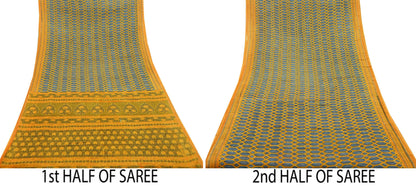 Indian Vintage Gray & Yellow Saree Printed Pure Cotton Sari Craft Fabric 5Yd Soft Sewing Sarong Wrap Boho Floral Dress making Crafting