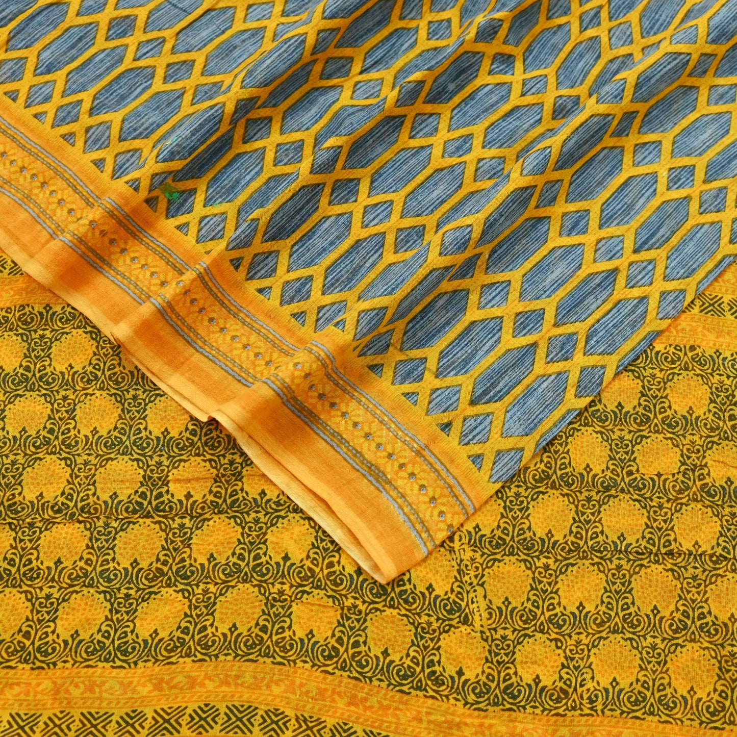 Indian Vintage Gray & Yellow Saree Printed Pure Cotton Sari Craft Fabric 5Yd Soft Sewing Sarong Wrap Boho Floral Dress making Crafting