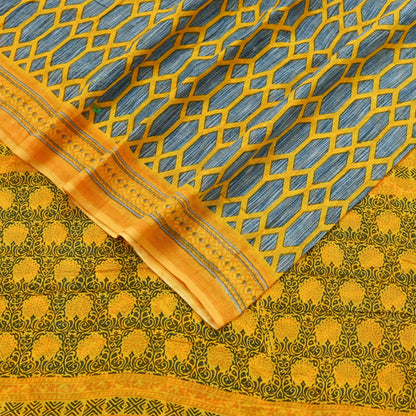 Indian Vintage Gray & Yellow Saree Printed Pure Cotton Sari Craft Fabric 5Yd Soft Sewing Sarong Wrap Boho Floral Dress making Crafting