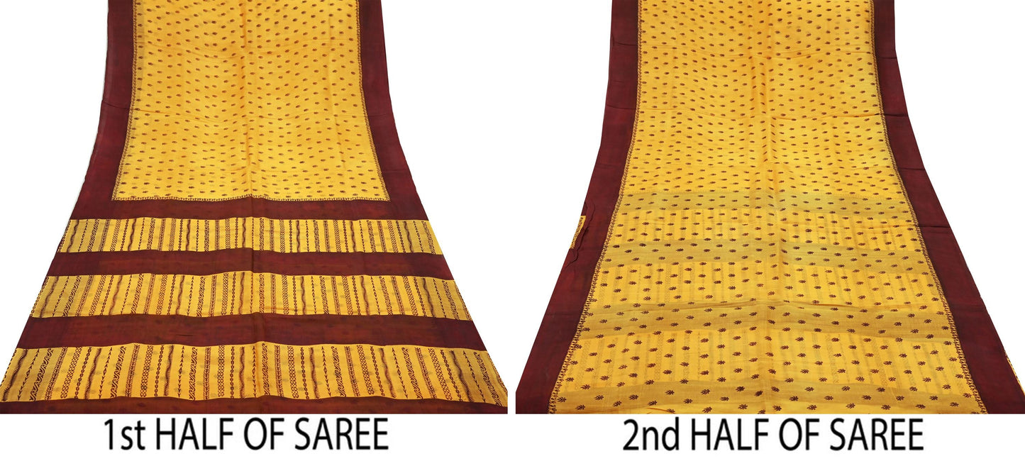 Indian Vintage Sari Yellow & maroon 100% Pure Silk Printed Sarees Craft Fabric 5yd Sewing Floral Paisley Soft Dress making Crafting Quilting