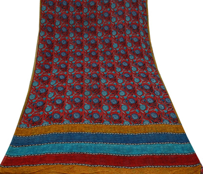 Indian Vintage Red & Blue Saree 100% Pure Georgette Silk Block Printed Sari Sewing 5yd Craft Fabric Dress Designing for Dress making