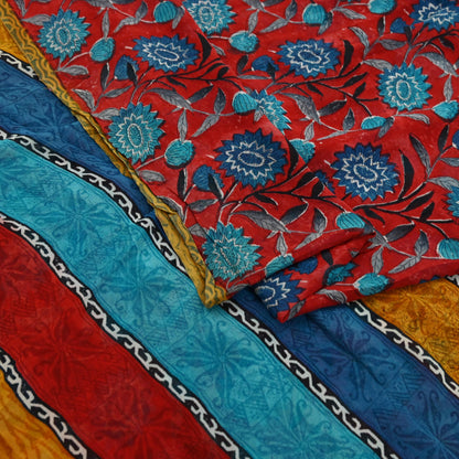 Indian Vintage Red & Blue Saree 100% Pure Georgette Silk Block Printed Sari Sewing 5yd Craft Fabric Dress Designing for Dress making