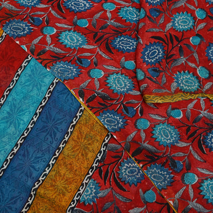 Indian Vintage Red & Blue Saree 100% Pure Georgette Silk Block Printed Sari Sewing 5yd Craft Fabric Dress Designing for Dress making