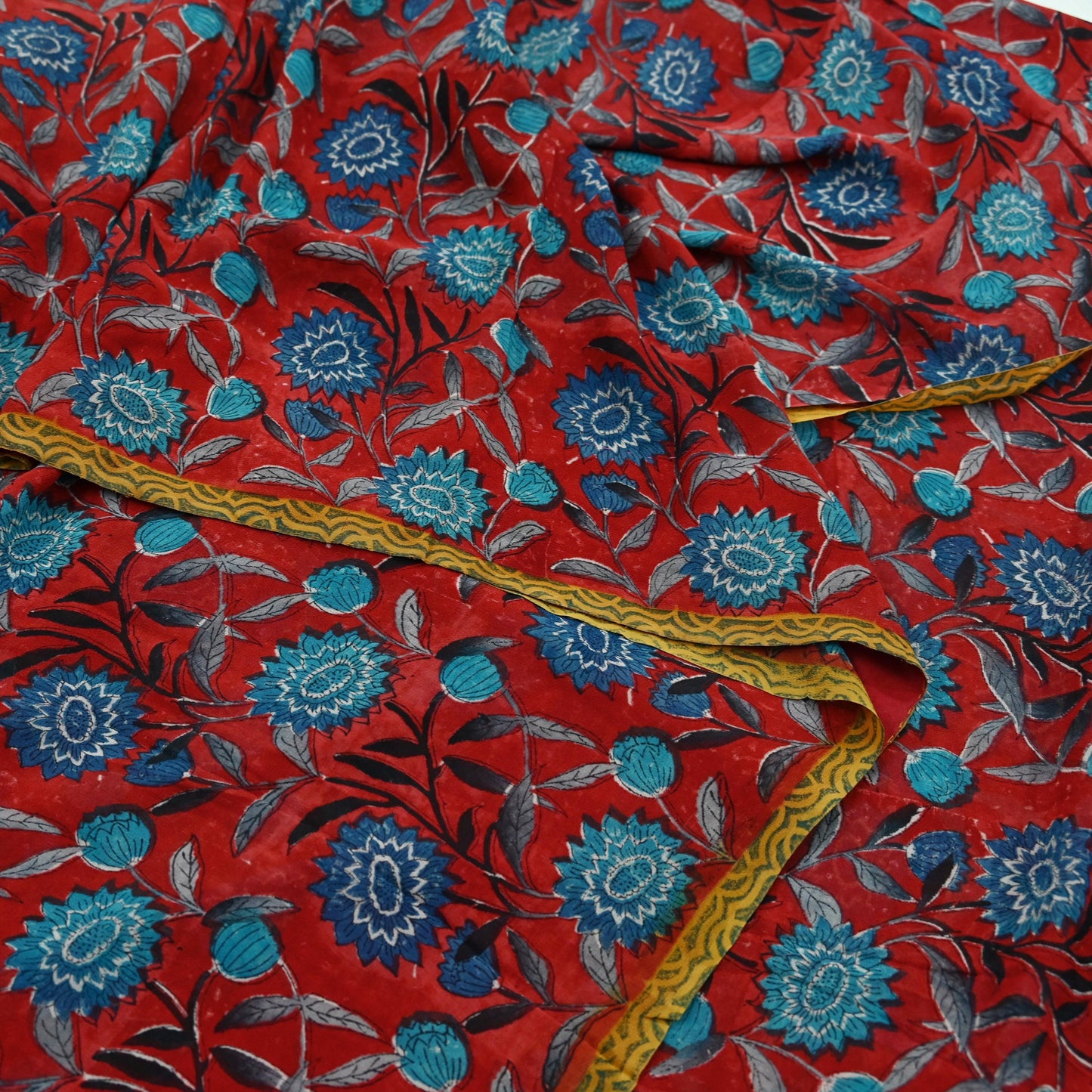 Indian Vintage Red & Blue Saree 100% Pure Georgette Silk Block Printed Sari Sewing 5yd Craft Fabric Dress Designing for Dress making