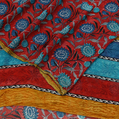 Indian Vintage Red & Blue Saree 100% Pure Georgette Silk Block Printed Sari Sewing 5yd Craft Fabric Dress Designing for Dress making