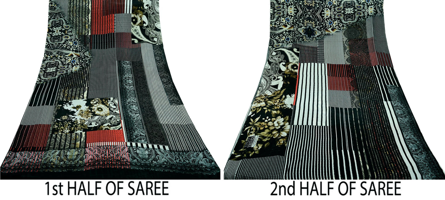 Indian Vintage Saree Black Pure Satin Silk Digital Printed Sari 6yd Sewing Floral Soft Craft Fabric Dress Making Crafting Quilting