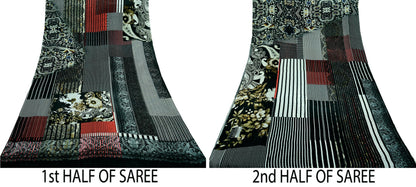 Indian Vintage Saree Black Pure Satin Silk Digital Printed Sari 6yd Sewing Floral Soft Craft Fabric Dress Making Crafting Quilting
