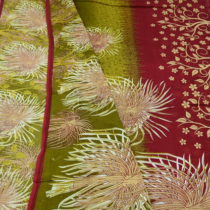 Indian Vintage Sari Green & Red Printed Pure Cotton Saree Craft Fabric 5Yd Sewing Sarong Wrap Boho Floral Crafting Upcycle Quilting Used