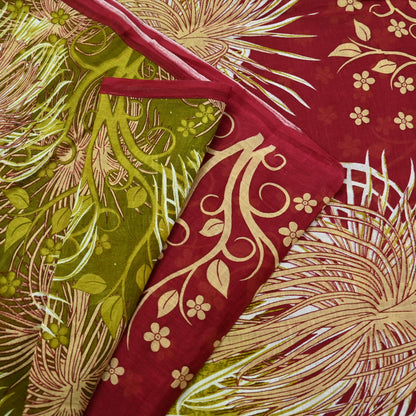 Indian Vintage Sari Green & Red Printed Pure Cotton Saree Craft Fabric 5Yd Sewing Sarong Wrap Boho Floral Crafting Upcycle Quilting Used
