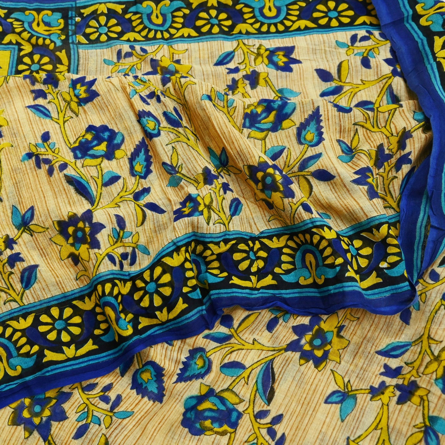 Indian Vintage Sari Blue & Beige Printed 100% Pure Cotton Sarees Craft Fabric 5Yd Sewing Soft Sarong Wrap Floral Dress Making Shrug Quilting