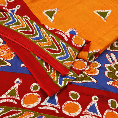 Indian Vintage Sari Red & Saffron Batik Printed 100% Pure Cotton Saree Craft Soft Fabric 5Yard Sewing Sarong Wrap Boho Dress making Quilting