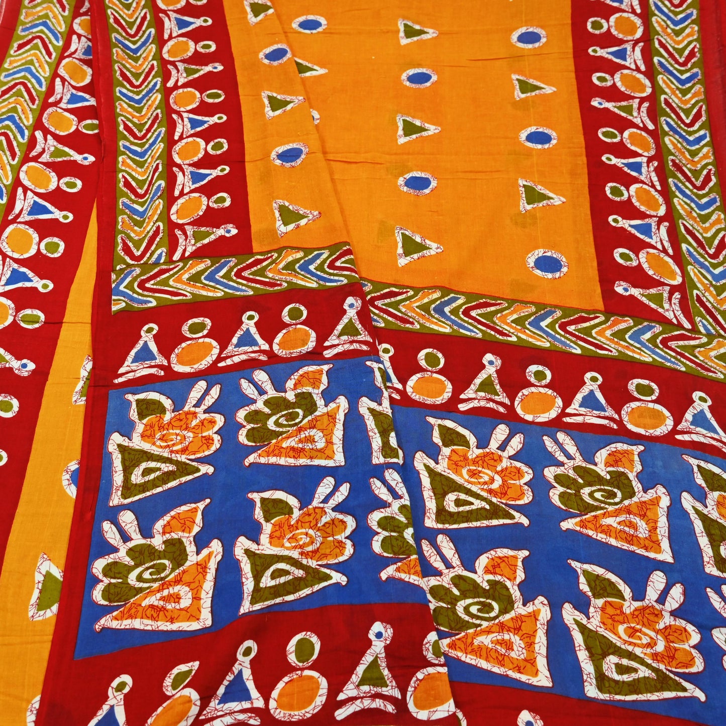 Indian Vintage Sari Red & Saffron Batik Printed 100% Pure Cotton Saree Craft Soft Fabric 5Yard Sewing Sarong Wrap Boho Dress making Quilting