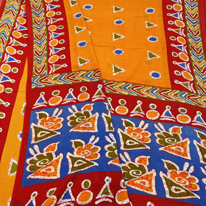 Indian Vintage Sari Red & Saffron Batik Printed 100% Pure Cotton Saree Craft Soft Fabric 5Yard Sewing Sarong Wrap Boho Dress making Quilting