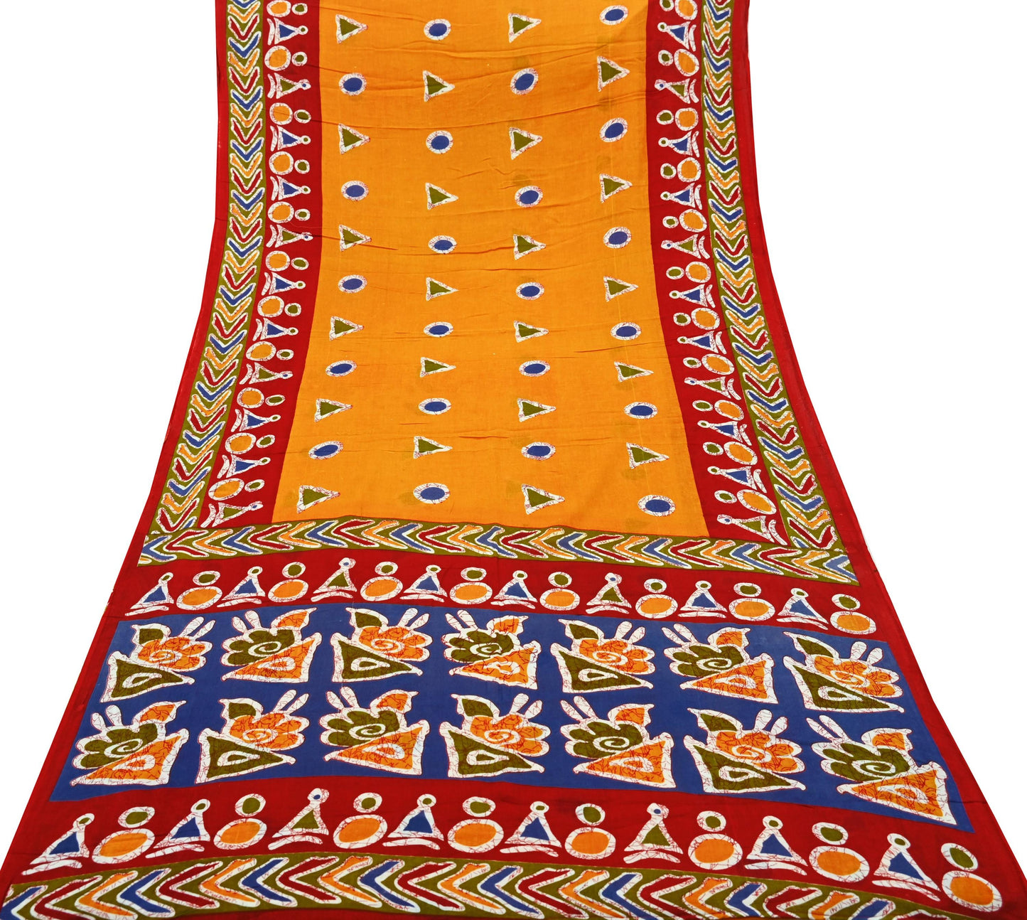 Indian Vintage Sari Red & Saffron Batik Printed 100% Pure Cotton Saree Craft Soft Fabric 5Yard Sewing Sarong Wrap Boho Dress making Quilting