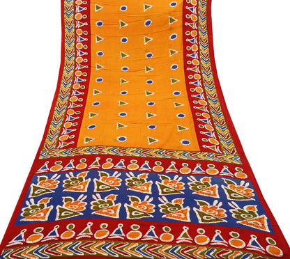Indian Vintage Sari Red & Saffron Batik Printed 100% Pure Cotton Saree Craft Soft Fabric 5Yard Sewing Sarong Wrap Boho Dress making Quilting