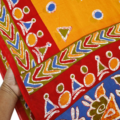 Indian Vintage Sari Red & Saffron Batik Printed 100% Pure Cotton Saree Craft Soft Fabric 5Yard Sewing Sarong Wrap Boho Dress making Quilting