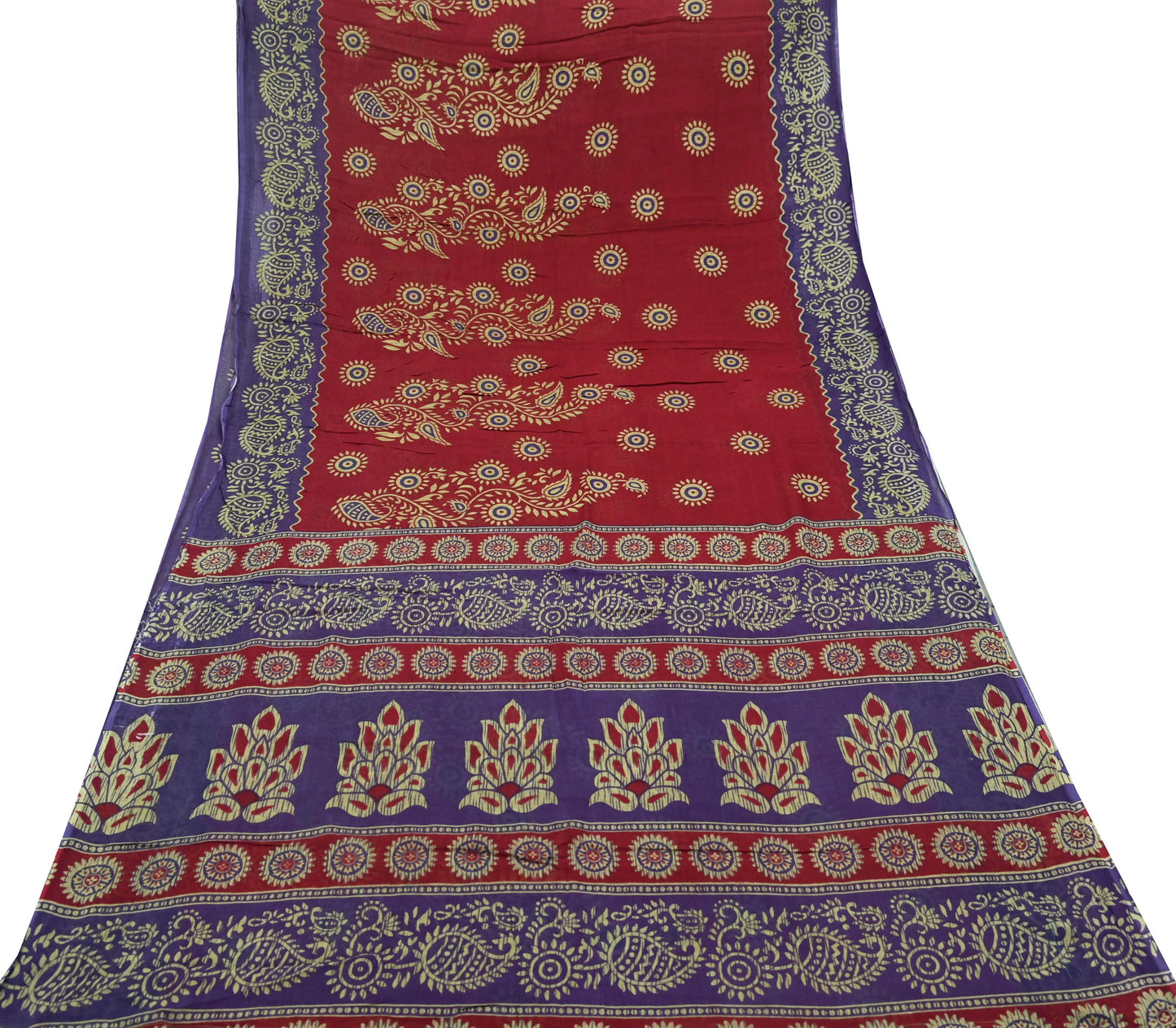 Indian Vintage Sari Purple & Red Block Printed Pure Cotton Saree Craft Fabric 5Yd Sewing Sarong Wrap Boho Floral Crafting Upcycle Quilting