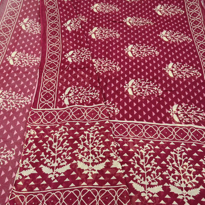 Indian Vintage Sari Ivory & Maroon Printed Pure Cotton Saree Fabric Soft Floral 5Yd Sarong Wrap Boho Fabric Kimono Soft