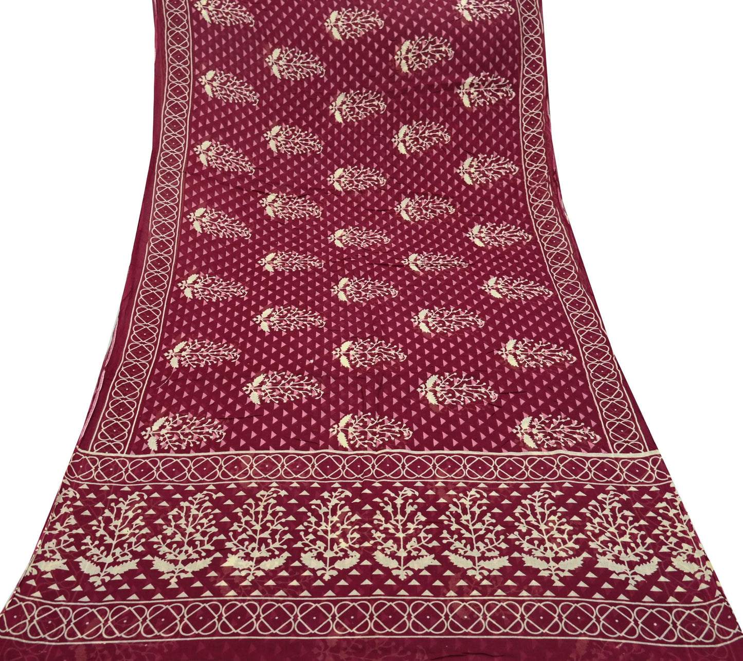Indian Vintage Sari Ivory & Maroon Printed Pure Cotton Saree Fabric Soft Floral 5Yd Sarong Wrap Boho Fabric Kimono Soft
