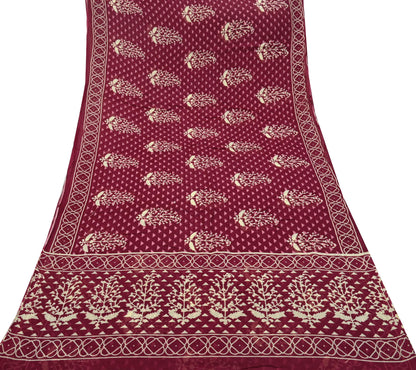 Indian Vintage Sari Ivory & Maroon Printed Pure Cotton Saree Fabric Soft Floral 5Yd Sarong Wrap Boho Fabric Kimono Soft