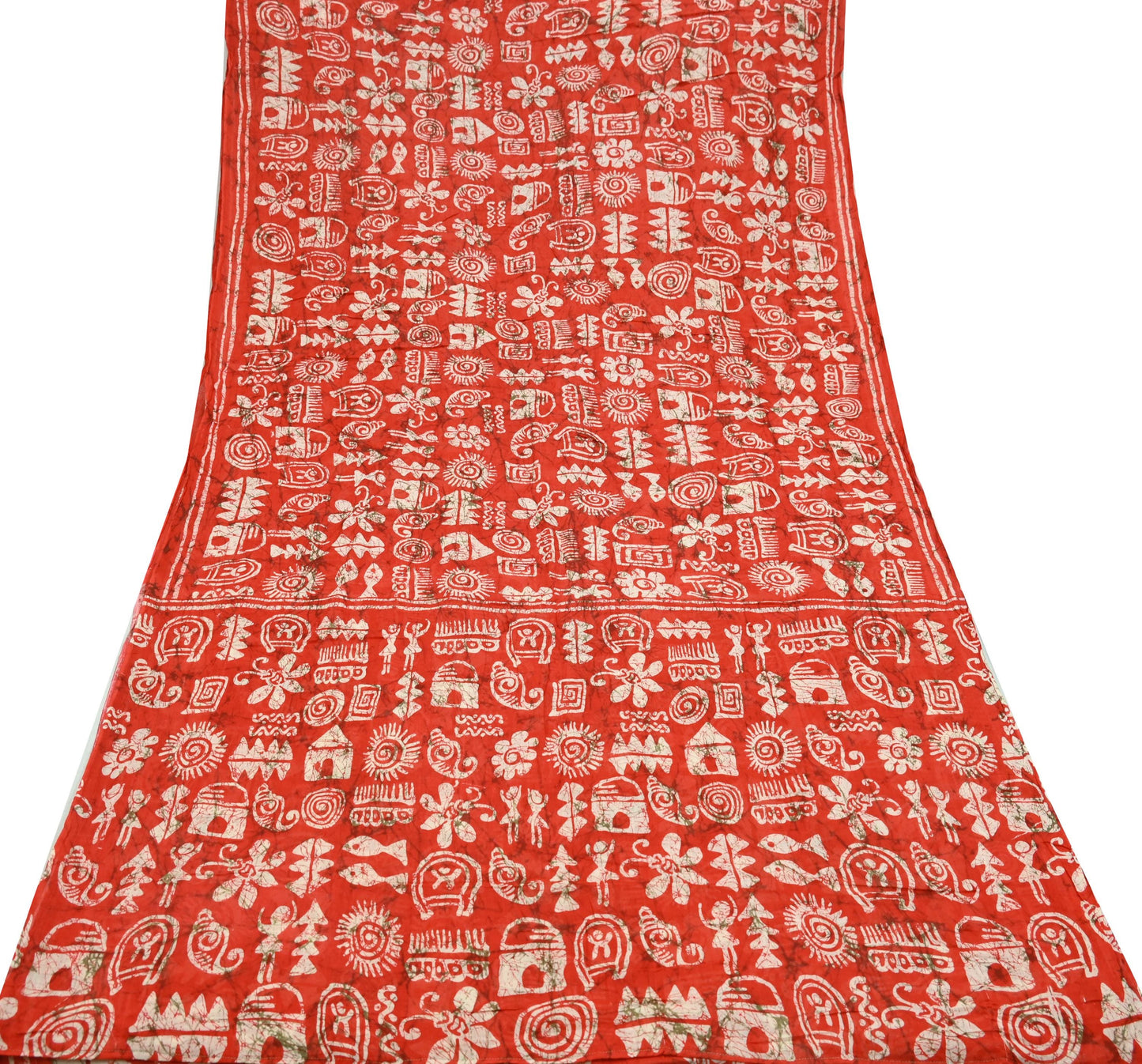 Indian Vintage Sari Red & Beige Batik Warli Printed Saree 100% Pure Cotton 5Yd Craft Fabric Soft Sewing Sarong Wrap Quilting Dress Making