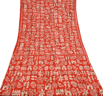 Indian Vintage Sari Red & Beige Batik Warli Printed Saree 100% Pure Cotton 5Yd Craft Fabric Soft Sewing Sarong Wrap Quilting Dress Making