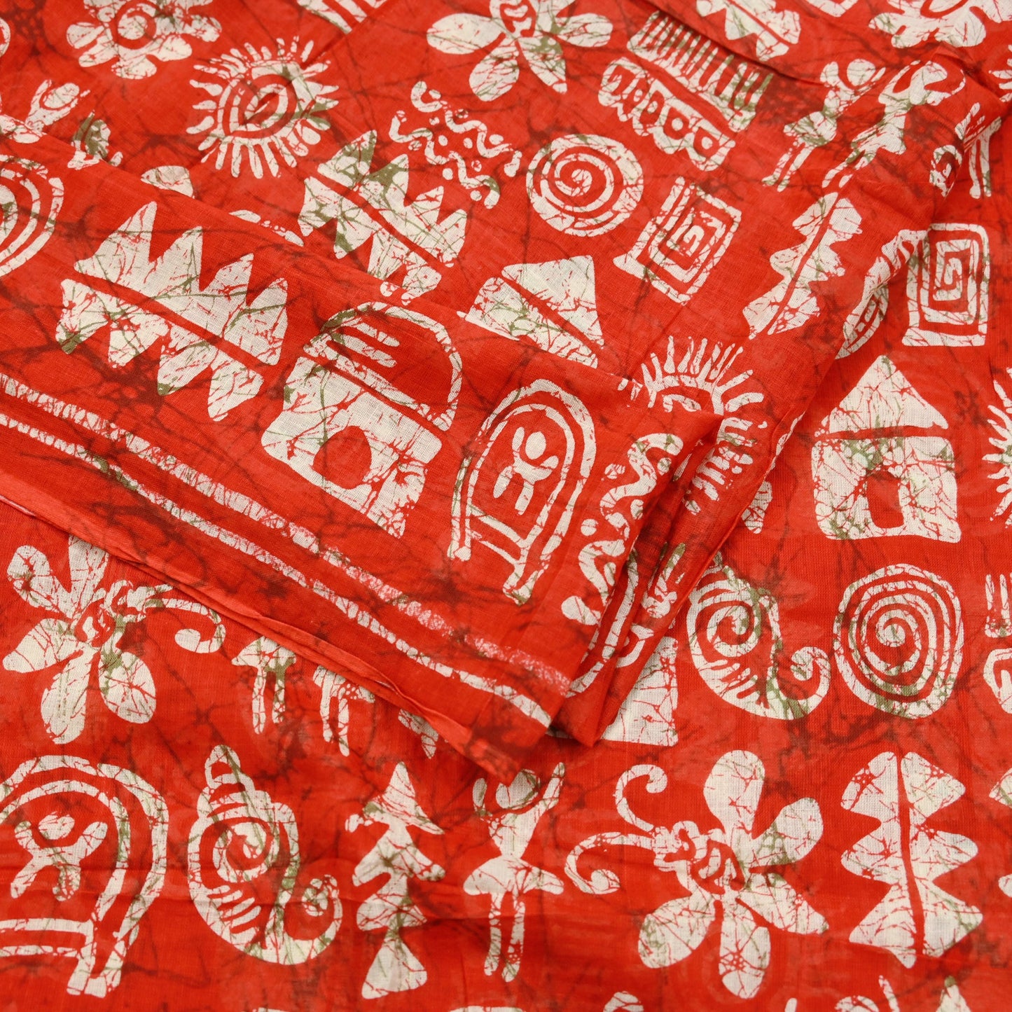 Indian Vintage Sari Red & Beige Batik Warli Printed Saree 100% Pure Cotton 5Yd Craft Fabric Soft Sewing Sarong Wrap Quilting Dress Making